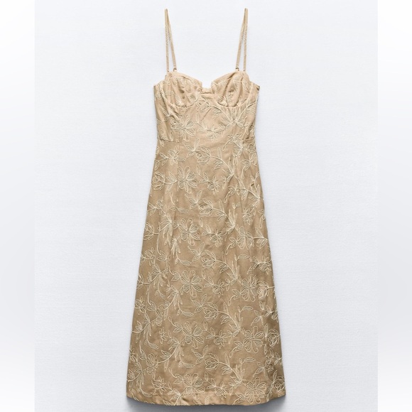 Zara Embroidered Floral Midi Dress XS Beige/Ecru - Picture 2 of 7